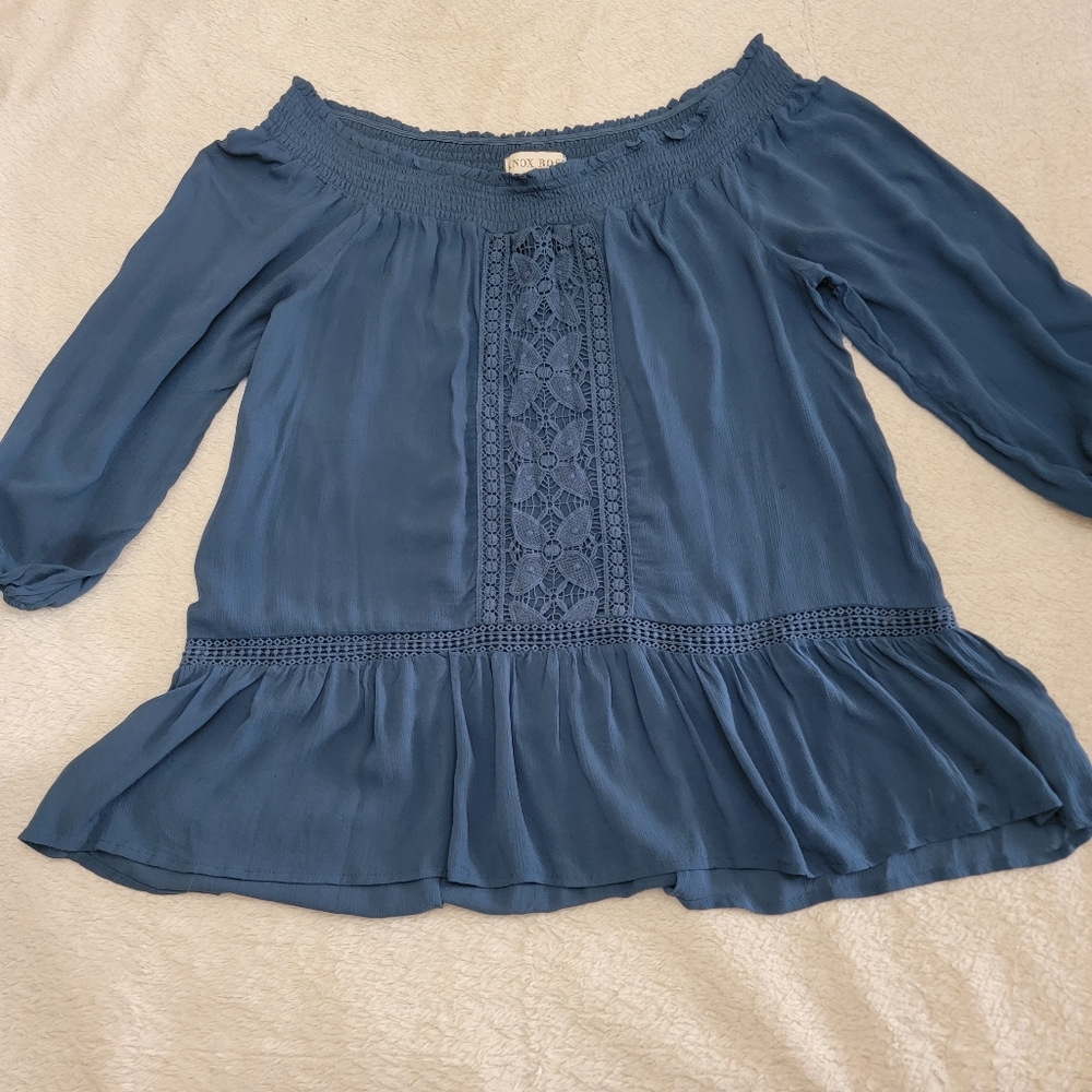 Knox Rose Blue Boho Peasant Blouse Off Shoulder Crochet Front Peplum Hem M